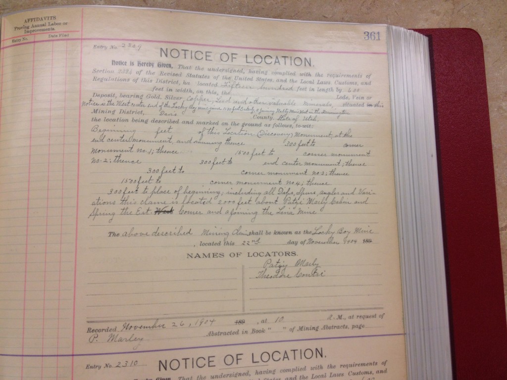 Notice of Location document for Patsy's mining claims